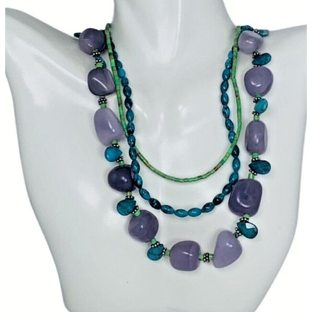 Barse 925 Sterling Silver Turquoise Amethyst 3 Strad Necklace 17" BOHO